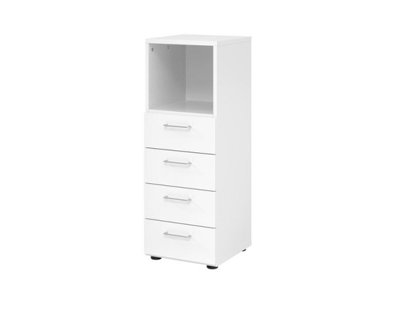 Armoire à tiroirs Hammerbacher 3OH, 4 tiroirs 934S4 BS, corps : blanc / façade : blanc, 40x41,7x110 cm (LxPxH), 4 tiroirs, poignée en métal BS, V934S4/W/W/BS