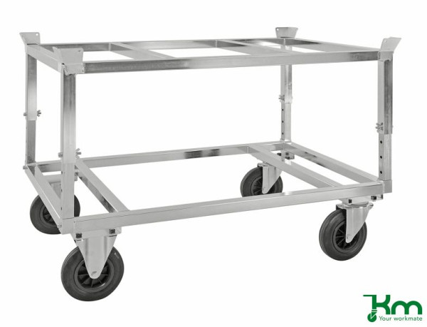 Kongamek Transpalette galvanisé avec porte-palette, 2 roulettes fixes et 2 roulettes pivotantes en caoutchouc plein, hauteur de plate-forme 655-835 mm, réglable en hauteur, KM222-EP