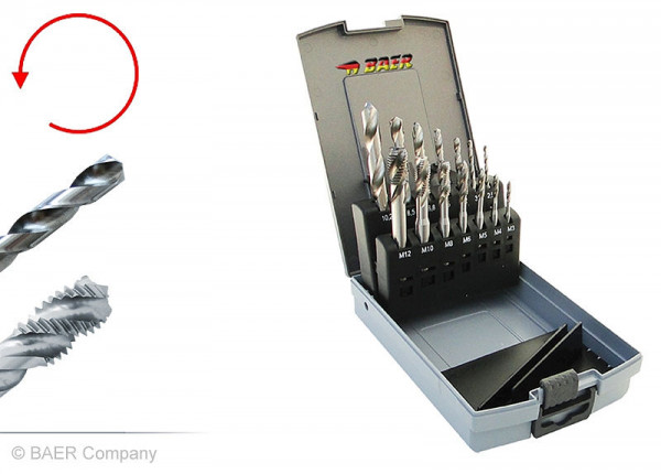 BAER Set HSSE GAUCHE : Taraud machine pour trou borgne / foret de carottage : M 3 - 12, B1937E