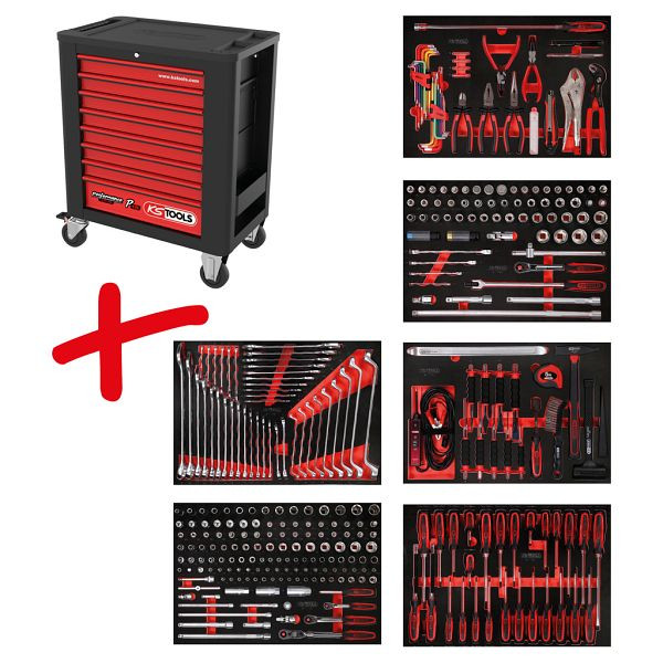 KS Tools PERFORMANCEplus set de dessertes d'atelier P15, avec 338 outils et 6 tiroirs, 815.6338