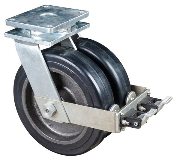 Roulettes BS Roulette double robuste avec roue/blocage, B2x100 mm, Ø400 mm, jusqu'à 3000 kg, bandages élastiques noirs, corps coulé, roulements à billes, S120.B81.400