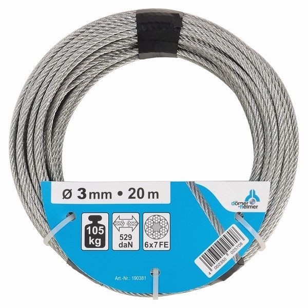 Dörner + Helmer Stahldrahtseil, verzinkt (Ring) 6 x 7 + FE, 3 mm, Tragkraft 105 kg, 20 m, VE: 4 Stück, 190381