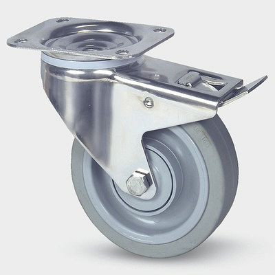 Roulette pivotante TENTE-ROLLEN avec frein, roue Ø 200 mm, capacité de charge 300 kg, hauteur 240 mm, A 64 Shore, montage sur platine, 8477UFX200P63
