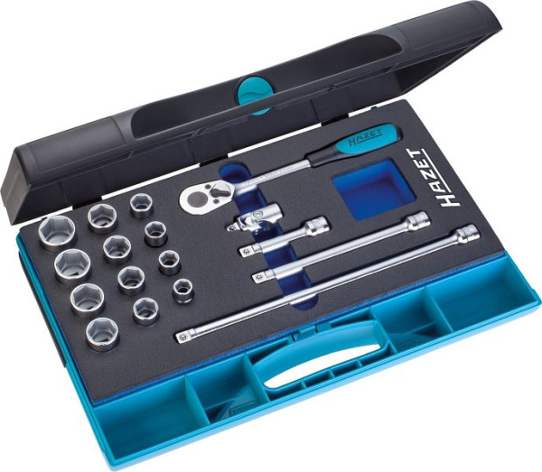 Jeu de clés à douilles Hazet, carré creux 10 mm (3/8 pouce), profil de traction hexagonal externe, coffret plastique 165-L (1/3), 880/17