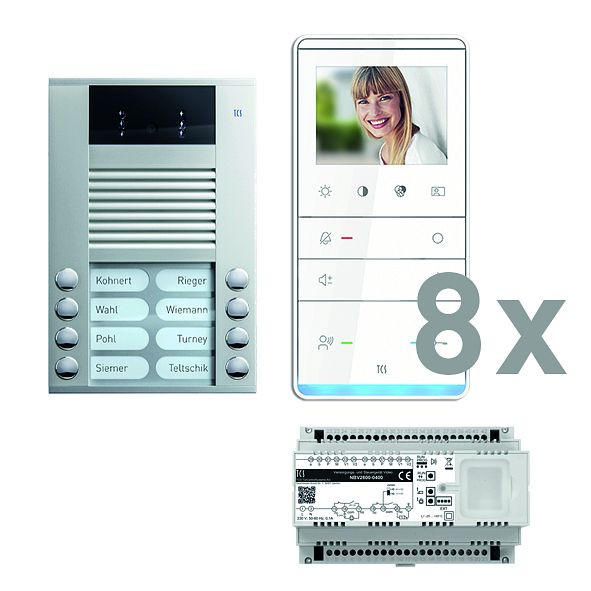 Vidéo de commande de porte TCS : pack AP pour 8 logements, avec platine de rue AVE 8 boutons de sonnerie, 8x haut-parleur mains libres vidéo IVW5111, commande, PVE16080-0010