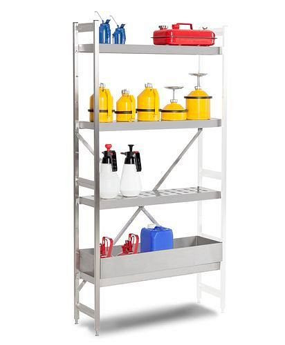 Rack pour matières dangereuses DENIOS GRE 1230 pour matières inflammables, acier inoxydable, 1 plateau et 3 étagères perforées, unité complémentaire, 181-454