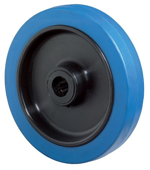 Roue en caoutchouc BS Wheels, largeur de roue 45 mm, Ø de roue 125 mm, capacité de charge 140 kg, pneus élastiques bleus, corps de roue en plastique, roulement à rouleaux, lot de 4, B61.125