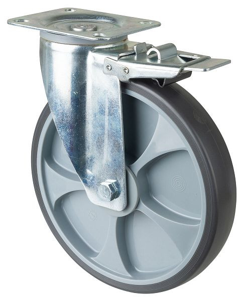 Rouleau de transport BS rollers avec frein, largeur 45 mm, Ø250 mm, jusqu'à 300 kg, pneus thermoplastiques gris, plastique, roulements à billes, plateau, L420.A85.250