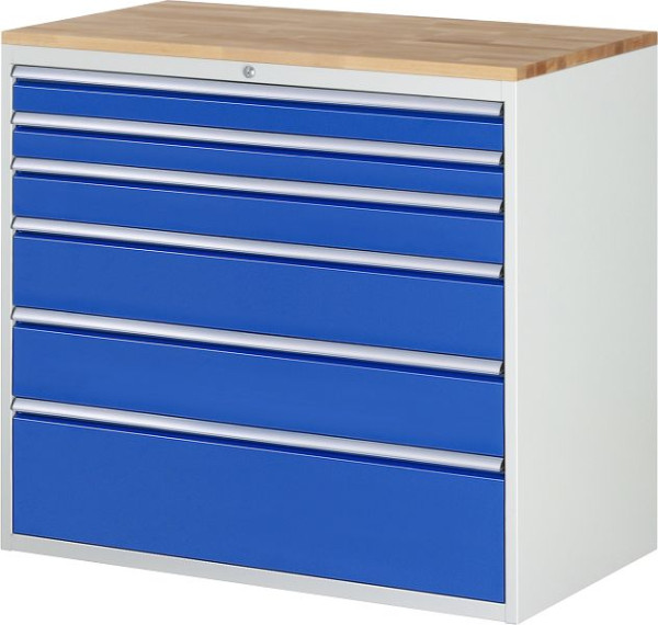Armoire à tiroirs RAU série 7000, plan de travail en hêtre massif, 6 x tiroirs taille XXL 2xH90, 1xH120, 2xH180, 1xH270 mm, 1145x1035x650 mm, 03-XXL7.7A-B.11