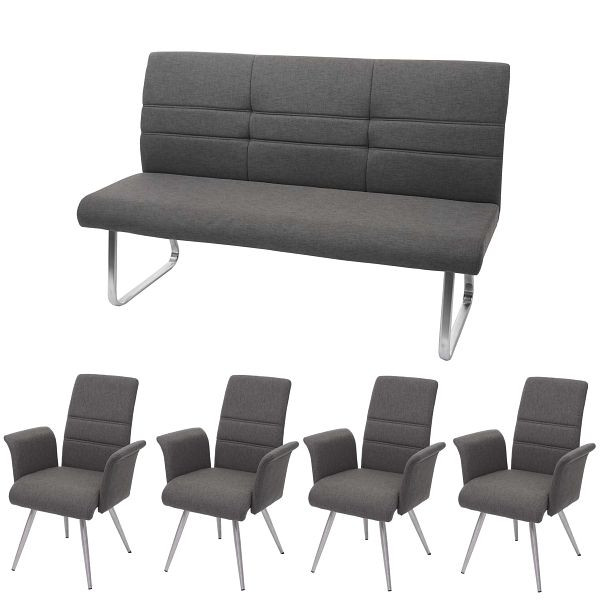 Mendler Set 4x chaise de salle à manger + banc HWC-G55, banc chaise de cuisine + accoudoir, tissu / textile acier inoxydable, banc gris-marron 180cm, 73577 + 73578 + 2x71709