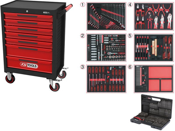 Chariot d'atelier KS Tools ECOline NOIR/ROUGE avec 7 tiroirs et 598 outils premium, 897.7598
