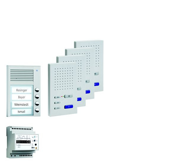 Système de commande de porte audio TCS : pack AP pour 4 unités résidentielles, avec poste extérieur PAK 4 boutons de sonnerie, 4x haut-parleur mains libres ISW3030, unité de contrôle BVS20, PPAF04-EN / 02
