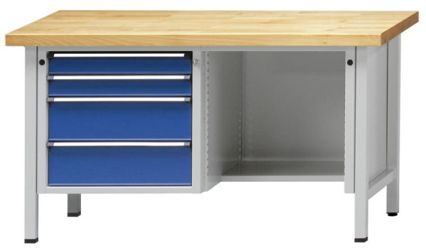 Établi d'armoire ANKE; 1500x700 mm; RAL 7035/5010; A gauche 4 tiroirs 90, 90, 180, 180 mm; en retrait