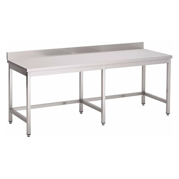 Table de travail Gastro-Inox en acier inoxydable AISI 430 avec dosseret, 2800x700x850mm, renforcée de 18 mm d'épaisseur, aggloméré enduit, 301.255