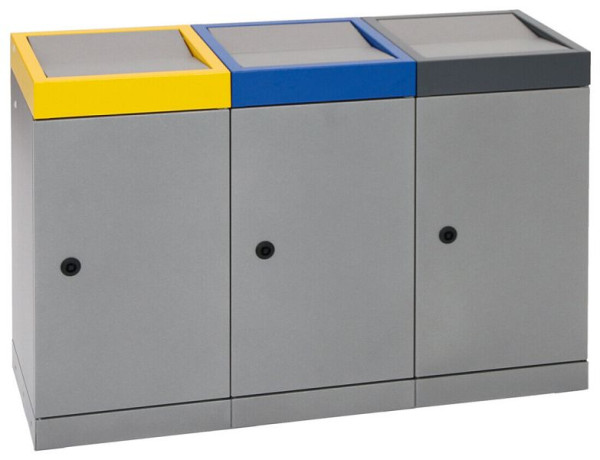 tri des déchets contondants ProTec-Plus, station 3 voies, structure en aluminium gris/1003, 5010, 7016, conteneur intérieur galvanisé, 3x30 litres, 607-030-0-2-030