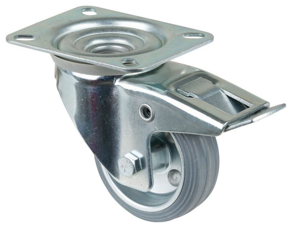 Rouleau de transport BS rollers avec frein, largeur 26 mm, Ø80 mm, jusqu'à 50 kg, bande de roulement en caoutchouc gris, roulement à rouleaux, plaque, lot de 4, L420.B56.080