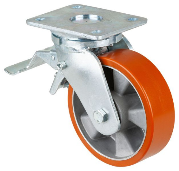 Roulettes BS Roulette robuste avec roue/blocage, B50 mm, Ø160 mm, jusqu'à 600 kg, polyuréthane superficiel moulé 95 Shore A, aluminium, roulement à billes, RR120.B90.160