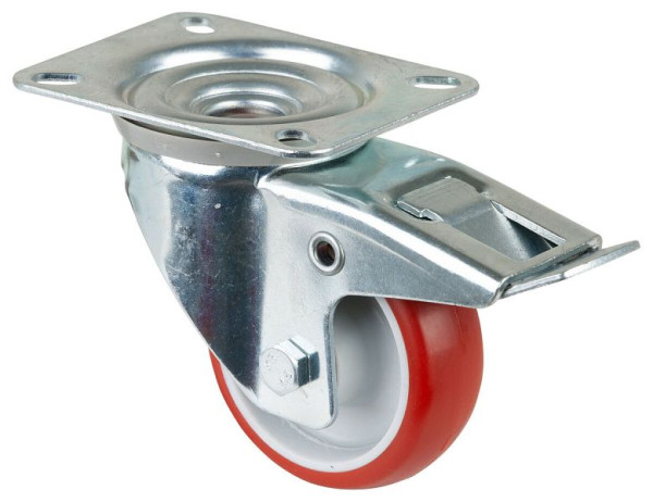 Rouleau de transport BS rollers avec frein, largeur 28 mm, Ø80 mm, jusqu'à 125 kg, polyuréthane rouge, corps en plastique, roulement à rouleaux, plateau, L420.B31.080