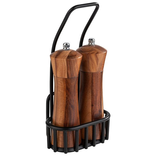 Salière et poivrière APS, 12 x 8,5 x 24 cm, set composé de : cadre, métal, noir, avec porte-carte, avec broyeur en acier au carbone, 40416