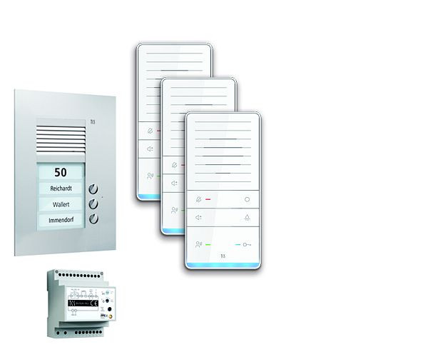 Système de commande de porte audio TCS : pack UP pour 3 unités résidentielles, avec poste extérieur PUK 3 boutons de sonnerie, 3x haut-parleur mains libres ISW5031, unité de commande BVS20, PAUF031/001