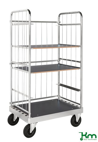 Chariot multi-étagères Kongamek, 2 roulettes fixes et 2 pivotantes en caoutchouc plein, 1000 x 700 x 1900 mm, 3 étagères, KM140-2