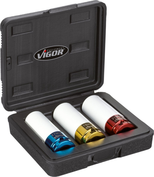 Jeu de douilles pour clés à chocs VIGOR, carré creux 12,5 mm (1/2 pouce), profil à six pans extérieurs, nombre d'outils : 3, V2522