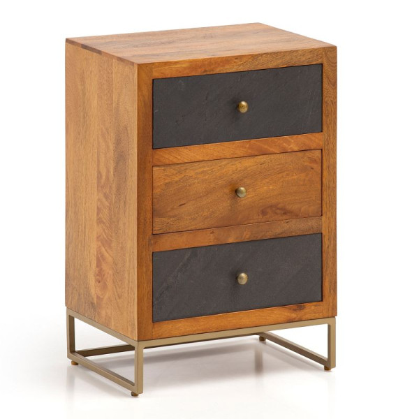 Wohnling table de chevet bois massif de manguier / aspect pierre 40x60x30 cm table de chevet lit à sommier tapissier, console de nuit design marron avec 3 tiroirs, WL6.767