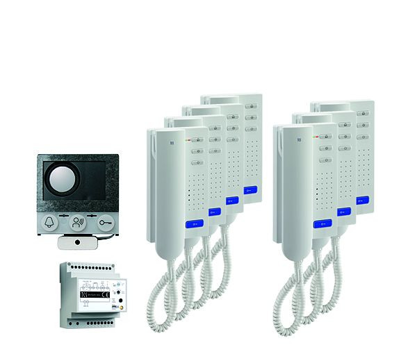 TCS audio:pack installation pour 7 unités résidentielles, avec haut-parleur intégré ASI12000 + 7x interphone ISH3030 + centrale BVS20, PAIH070/004
