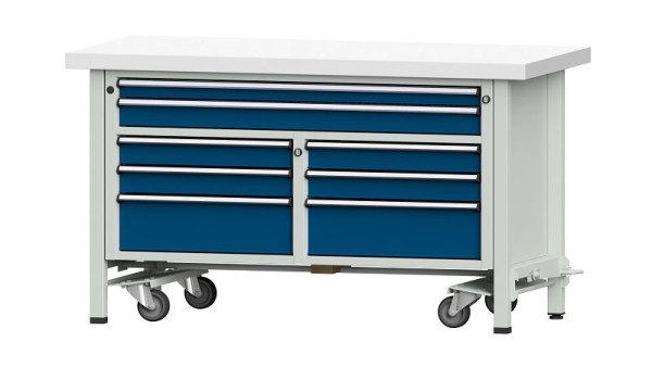 Établis ANKE établi à caissons, modèle 259 V, 1500 x 700 x 850 mm, RAL 7035/5010, KSP 50 mm, avec dispositif mobile abaissable, 304.227