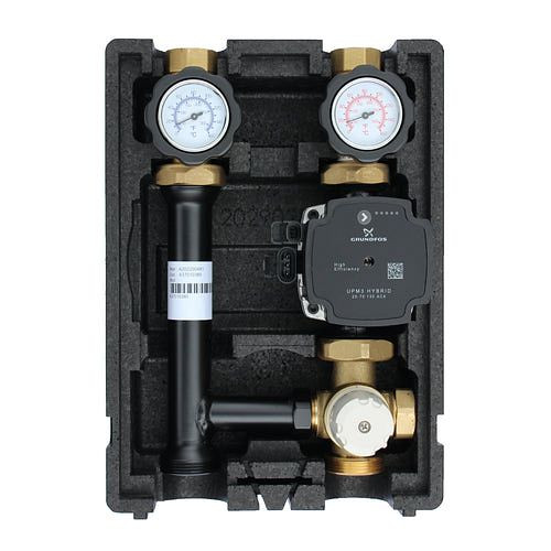 Groupe de pompes de circuit de chauffage Environ EcoMix EN004 avec mélangeur à trois voies, thermostat à valeur fixe 25-55°C et Grundfos UPM3 Hybrid 25/7, ENECO0042555UPM3