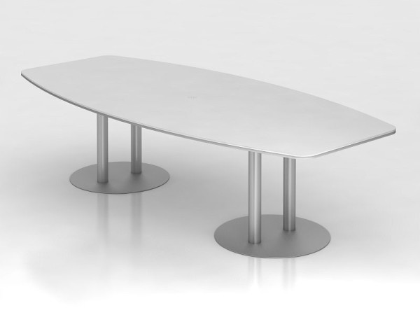 Table de conférence Hammerbacher 280 cm piètement pilier, blanc/argent, en forme de tonneau, VKT28S/W/S