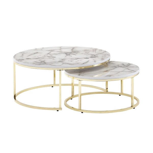 Wohnling lot de 2 tables basses rondes modernes aspect marbre blanc doré, tables basses 2 pièces en métal, tables rondes de salon, tables gigognes design, WL6.508