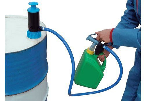 Pompe manuelle de remplissage et de transfert DENIOS, avec joint nitrile, bleu, 129-357