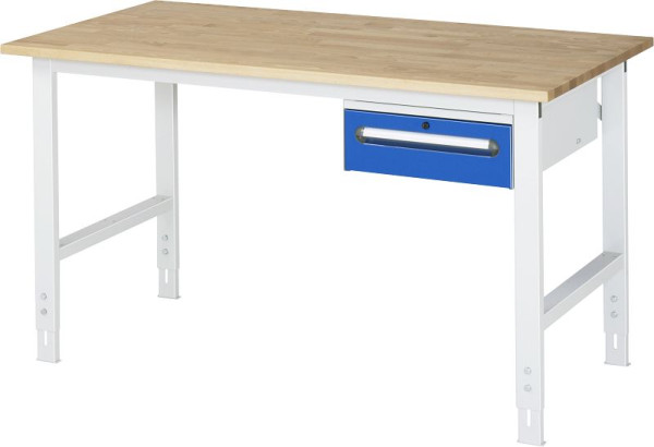 Table de travail RAU complète modèle 02 Tom, L1250xP1000xH910-1230mm, plateau en hêtre massif 25mm, 06-625B10-12-KM02.11