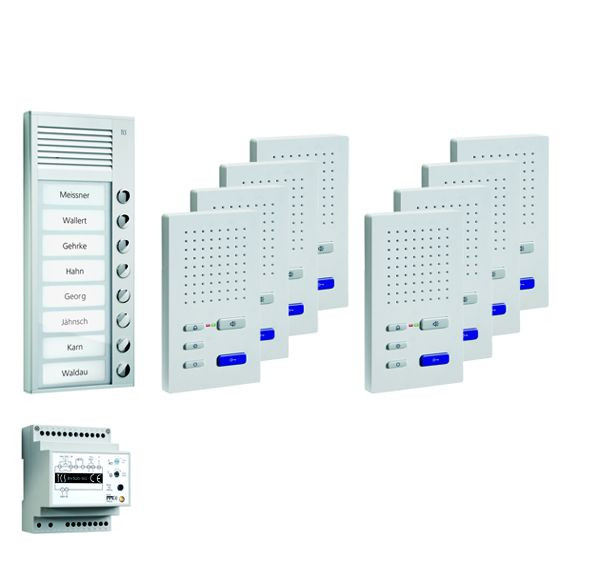 Système de commande de porte audio TCS : pack AP pour 8 unités d'habitation, avec poste extérieur PAK 8 boutons de sonnerie, 8x haut-parleur mains libres ISW3030, unité de contrôle BVS20, PPAF08-EN / 02