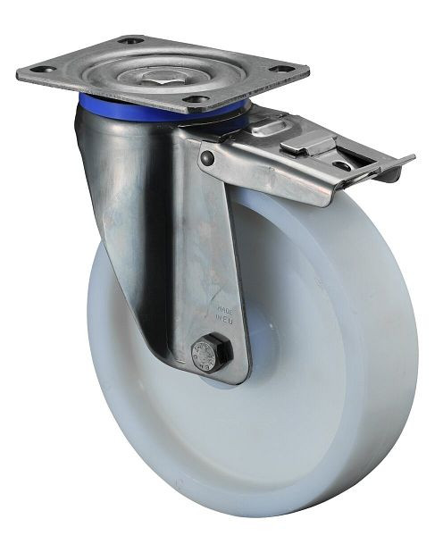 BS Rolls Roulette robuste en acier inoxydable avec frein, largeur 50 mm, Ø200 mm, jusqu'à 700 kg, surface/corps en plastique, roulement à rouleaux en acier inoxydable, HS120.B14.200