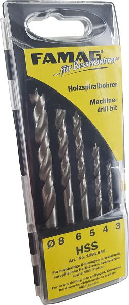 Foret à bois Famag HSS, en cassette, exécution: 5 pièces en cassette Ø 3, 4, 5, 6, 8 mm, 1591.835.00