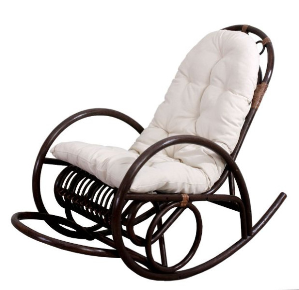 Chaise à bascule Mendler HWC-C40, chaise à bascule en rotin, marron, coussin blanc, 24648
