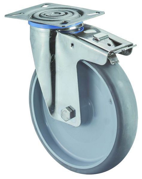 Rouleau de transport BS rollers inox avec frein, L50 mm, Ø200 mm, jusqu'à 200 kg, pneus thermoplastiques gris, palier lisse, plateau, H120.B43.200