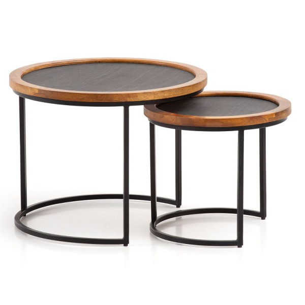Wohnling table basse lot de 2 tables de salon rondes en bois massif de manguier/aspect pierre, table gigogne avec structure en métal, table basse moderne, marron/anthracite, WL6.778