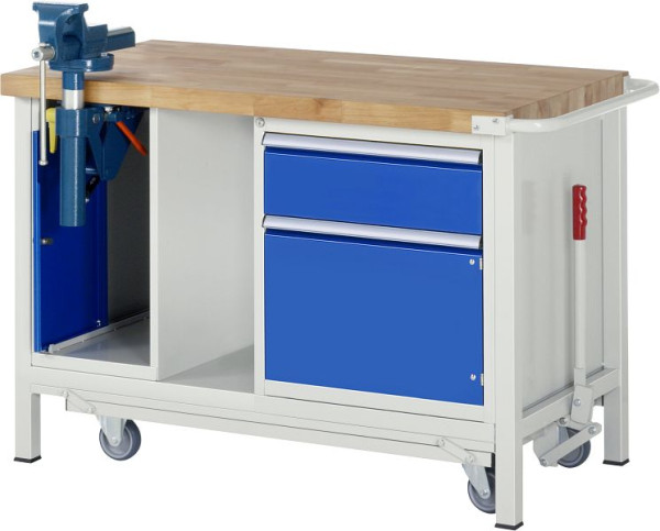 Etabli abaissable RAU 8000 - modèle 8181, L1250 x P700 x H880 mm, avec meuble étau, étagère en bas, 15-8181A6-127B4F.11