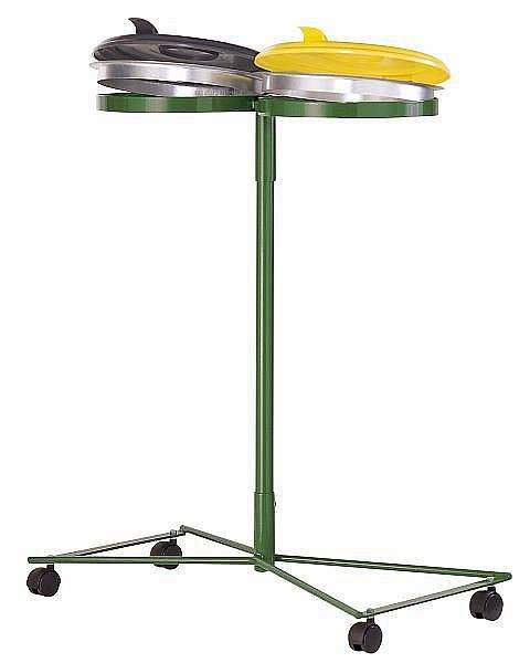 Support double Renner 70-120 L, mobile, largeur 880 mm x profondeur 430 mm x hauteur 1025 mm, vert feuille, avec couvercle en plastique noir/jaune, 8014-00PB