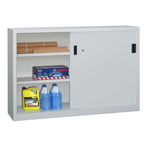 Armoire à portes coulissantes pour charges lourdes Pavoy 1000/1500/400, cloison centrale, 4 étagères thermolaquées ; Serrure à cylindre à poussée rotative, 30330-150-401-905735