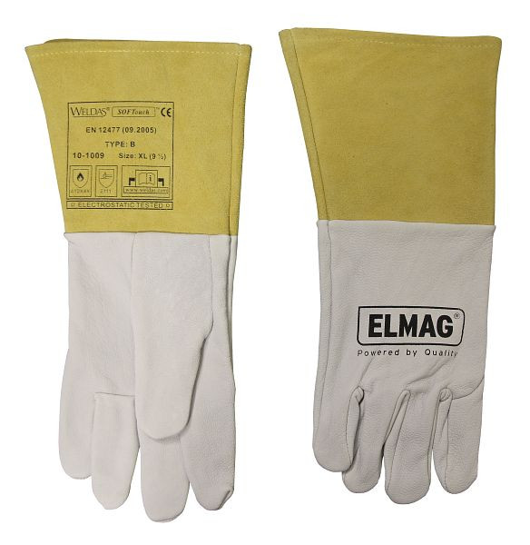 ELMAG Gants de soudage à 5 doigts WELDAS 10-1009 L, TIG/TIG en cuir de chèvre complet avec manchette en croûte de cuir de vachette, longueur : 35 cm, taille 9 (1 paire), 59151