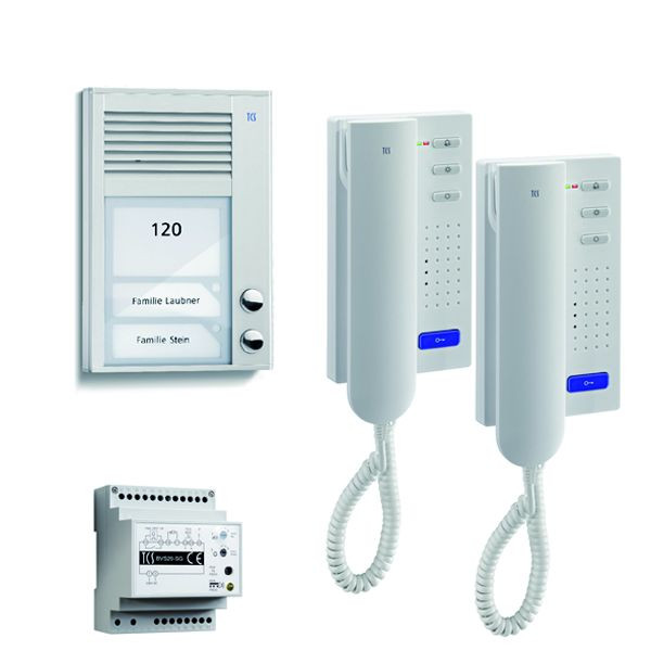 Système de contrôle de porte audio TCS : pack AP pour 2 unités résidentielles, avec poste extérieur PAK, 2 boutons de sonnerie AP, 2x interphones ISH3130, unité de contrôle BVS20, PSC2120-0000