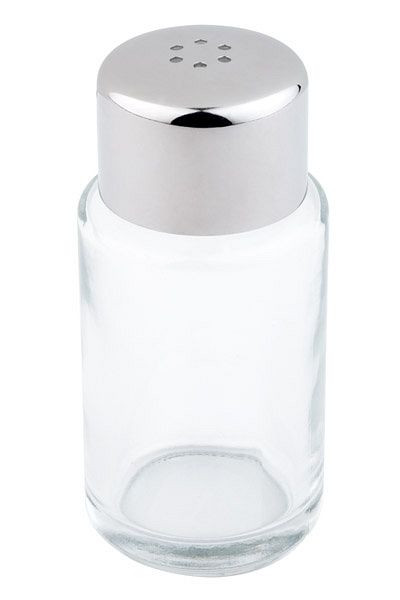 Salière/poivrière APS, Ø 4 cm, hauteur : 9 cm, verre, couvercle en acier inoxydable, poli, 6 trous (chacun Ø 1,85 mm), 40311