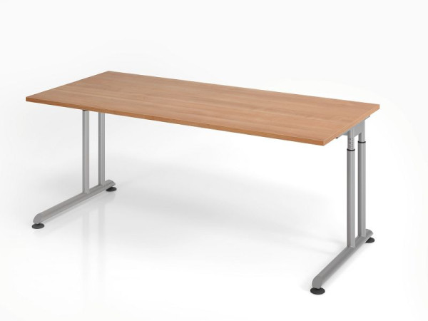 Bureau Hammerbacher ZS19, 180 x 80 cm, plateau : noyer, épaisseur 25 mm, chant épais en ABS, forme rectangulaire, argent, VZS19/N/S