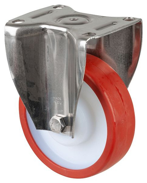 BS Rolls Roulette robuste en inox, roulette fixe, largeur 45 mm, Ø150 mm, jusqu'à 600 kg, polyuréthane rouge, corps en plastique, roulement à rouleaux en inox, HS110.B28.150