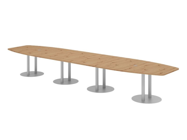 Table de conférence Hammerbacher KT52S, 520 x 130 cm, plateau : chêne noueux, épaisseur 25 mm, avec quatre pieds colonnes argentés, 7,6/70 cm, hauteur de travail 74 cm, VKT52S/R/S