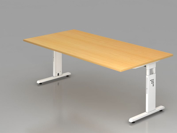 Bureau Hammerbacher pied C 200x100cm hêtre/blanc, hauteur de travail 65-85 cm, VOS2E/6/W